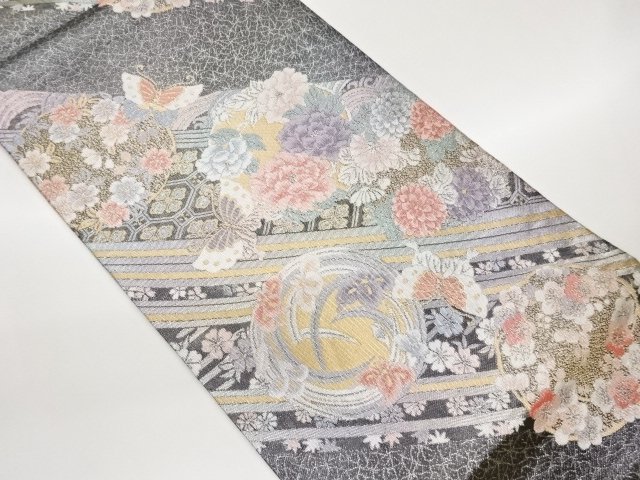 JAPANESE KIMONO / FUKURO OBI / WOVEN ROUNDEL CREST & FLOWER 